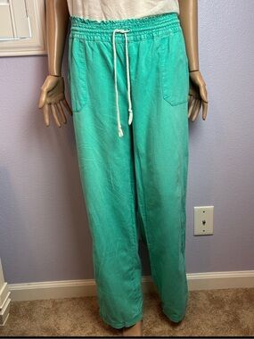 Kiss & Cry Beach Casual Teal Drawstring Linen Blend Pants